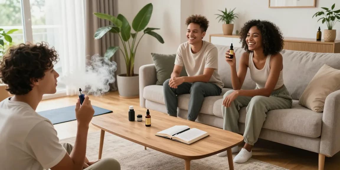 thc vape device in a cozy living room scene with CBD oil products, promoting natural wellness and an organic lifestyle.