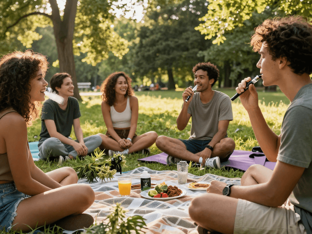 Friends using vape weed in a natural outdoor setting, enjoying organic wellness and relaxation.
