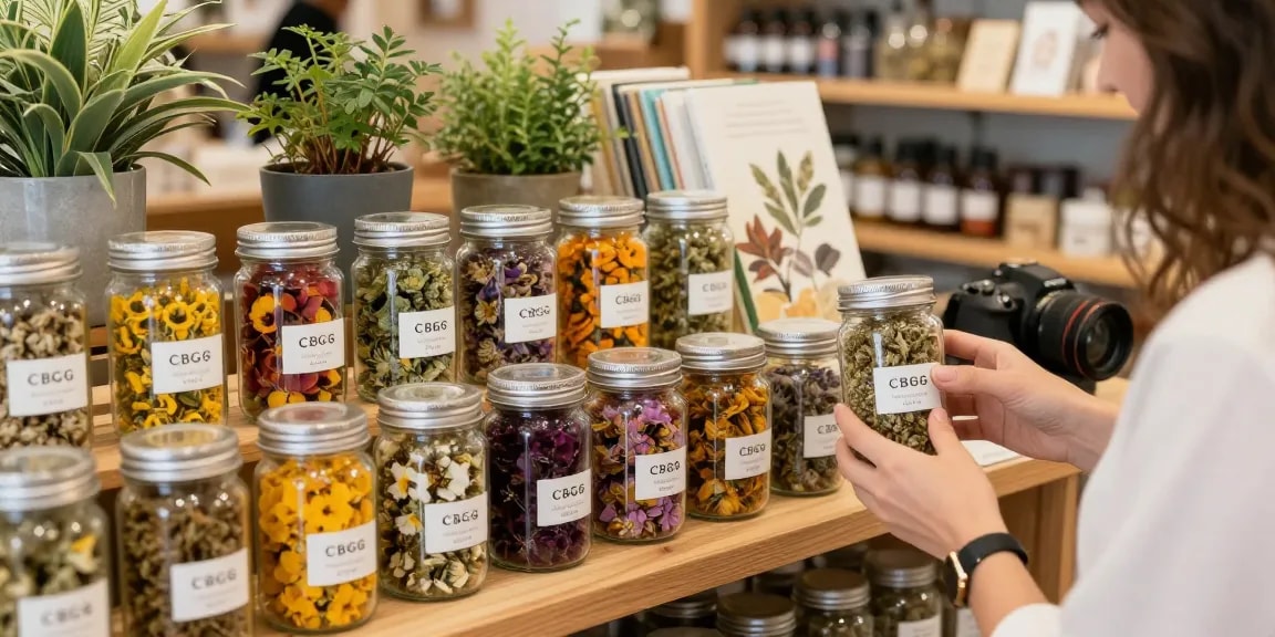 CBG Blüten kaufen in einem einladenden Kräuterladen mit verschiedenen Blüten.