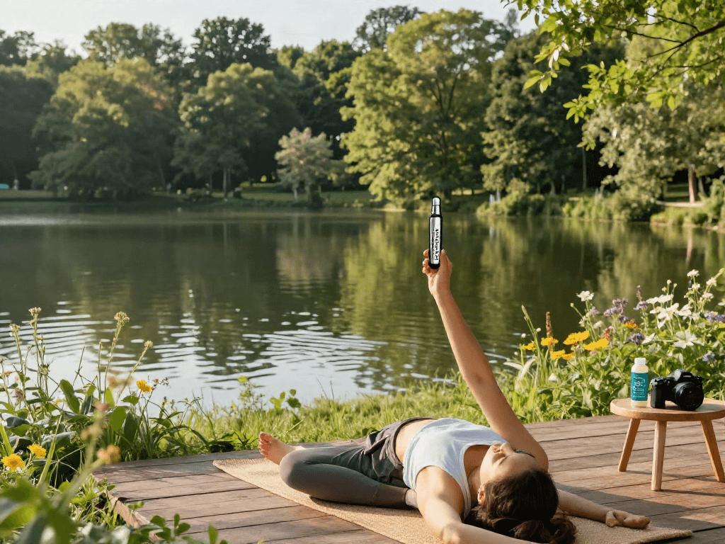 Muha Meds disposable vape pen held by a person practicing yoga outdoors among nature's beauty, promoting natural wellness and recovery.