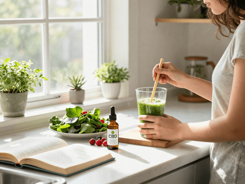 Top shelf flower delivery featured in a serene kitchen setting with CBD oil, fresh ingredients, and wellness elements.