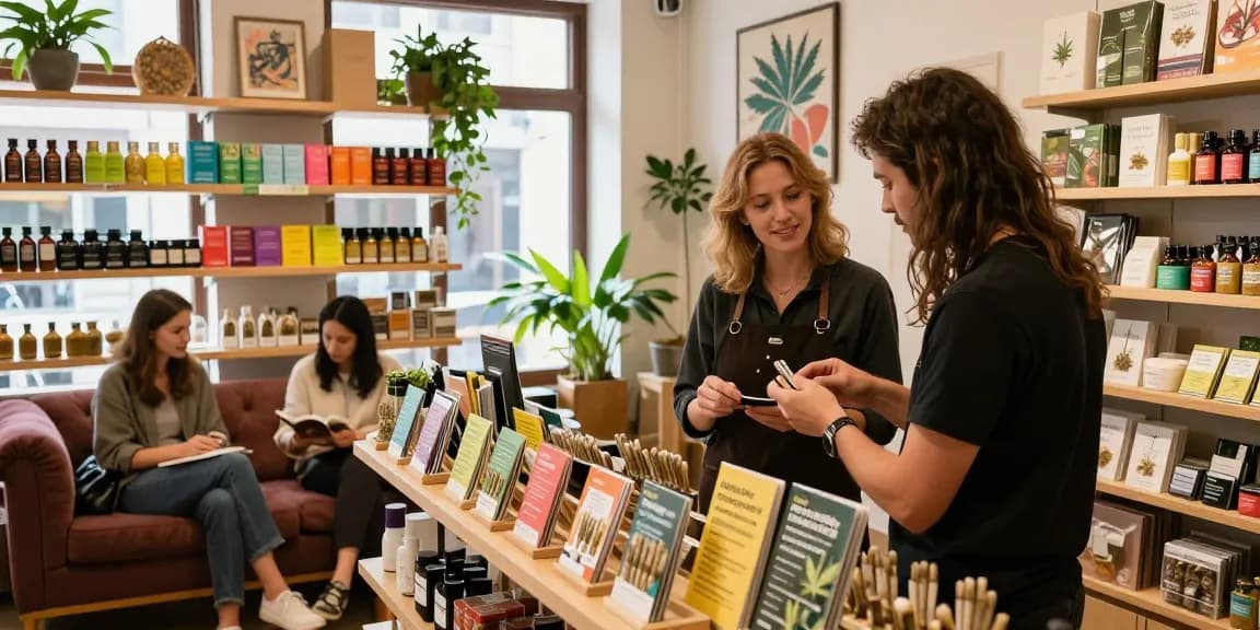 Cannabis Prerolled Joints for sale Europe showcased in a vibrant European dispensary, friendly budtender assisting customers.