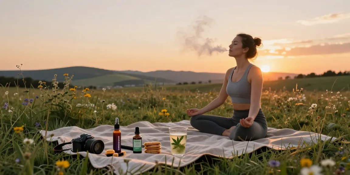 Cookies disposable vape pen 1g in a serene outdoor yoga scene, emphasizing natural wellness, quality cannabinoids, and harmonious relaxation.
