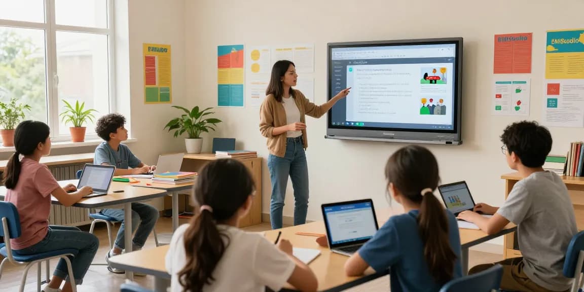 Engaged students use EMStudio's online teacher planner in a bright classroom setting.