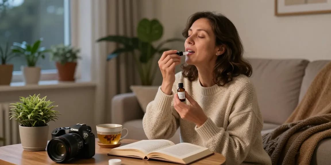 Woman using cbd canada oil in a cozy home setting, surrounded by calming decor and soft lighting.