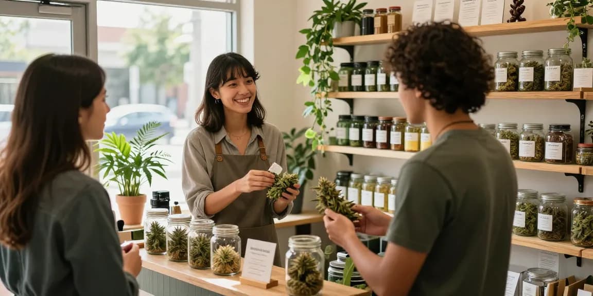 Buy cannabis UK: Inviting cannabis shop environment with friendly staff, premium products, and engaging customers.